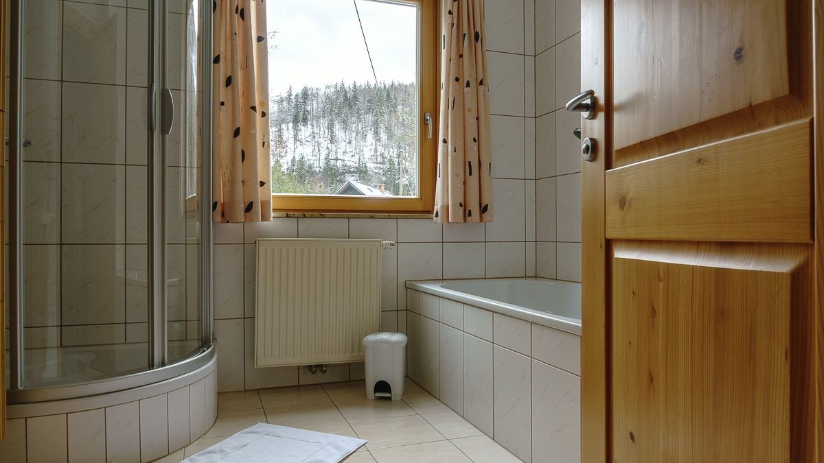 Bad mit Badewanne und Dusche – Ferienwohnung (ca. 80 m²), Pension Wanderruh in Grünau im Almtal